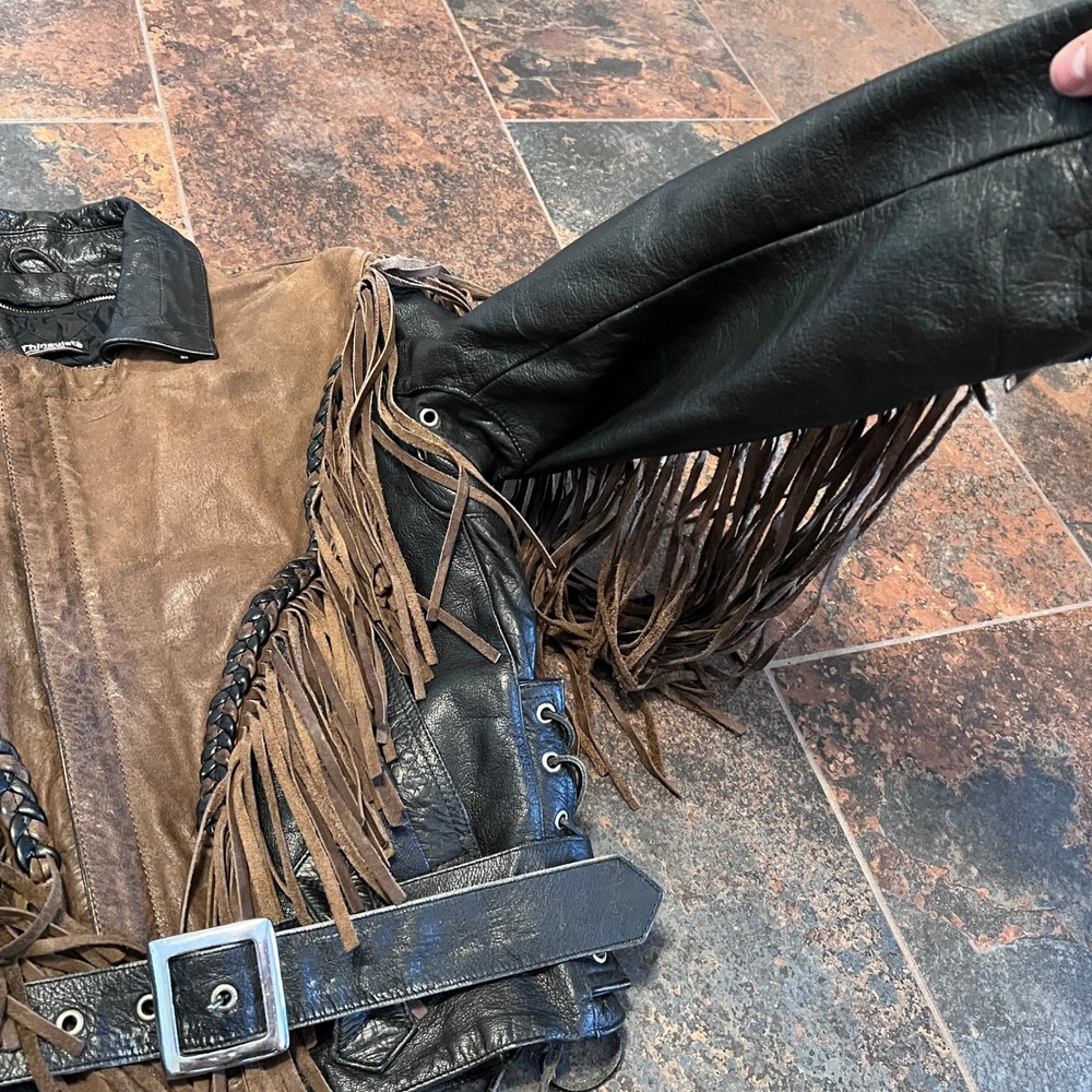 Vintage Wilsons Leather Fringe Jacket Womens S Black Brown Motorcycle Biker 90s - Picture 10 of 16